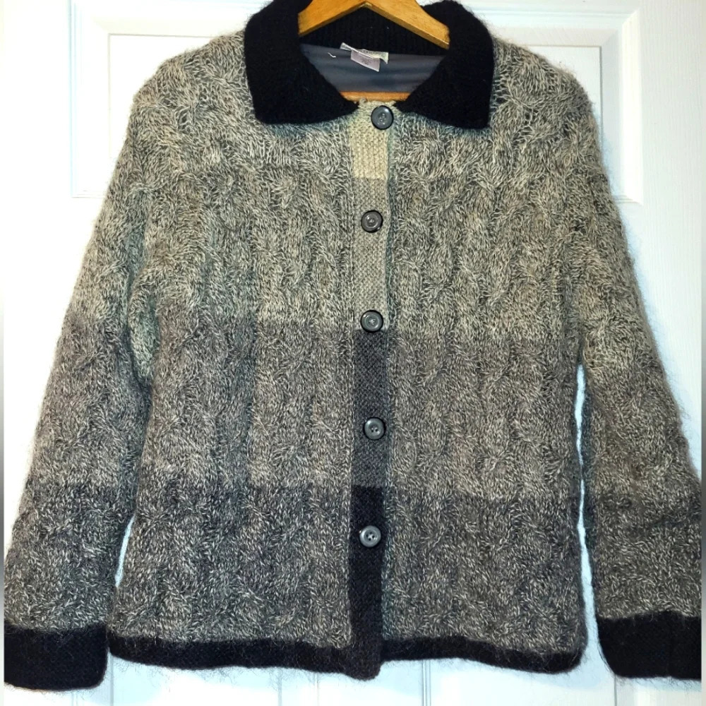 Susan Bristol Mohair Wool Blend Lined Cardigan Coat‎ Size Medium Gray Black